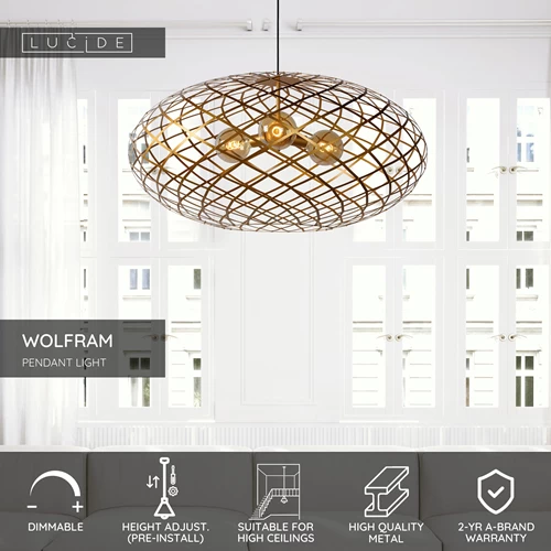 Lucide WOLFRAM - Pendant light - Ø 100 cm - 3xE27 - Suitable for double-height spaces and high ceiling - Matt Gold / Brass - USP